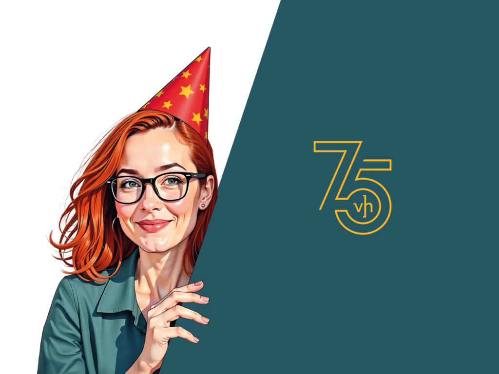 Een cartoonstijl vrouw met rood haar en een bril langs een blauwgroen vlak kijkt. Op dit vlak staat een logo van 75 jaar Van Hulzen
